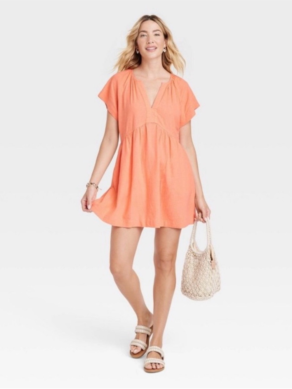 Universal Thread Coral Linen Blend Babydoll Swing Mini Dress 2X Pockets Boho